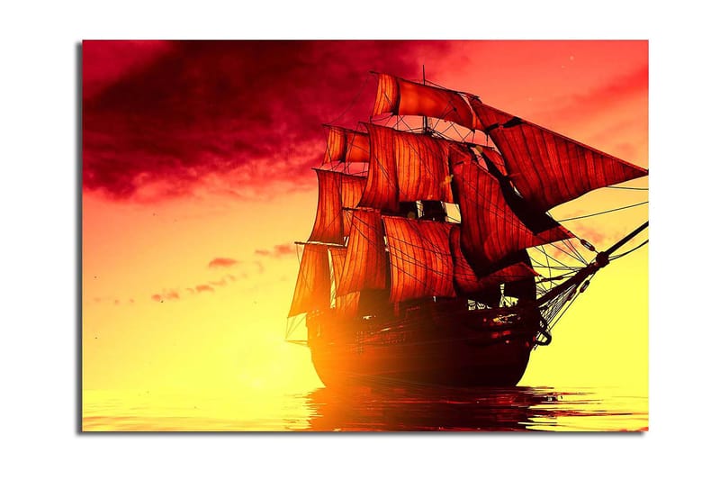 Canvastavla 70x100 cm - Ett majestätiskt segelfartyg med röda segel som navigerar genom en gyllene solnedgång, Röd / Orange / Gul