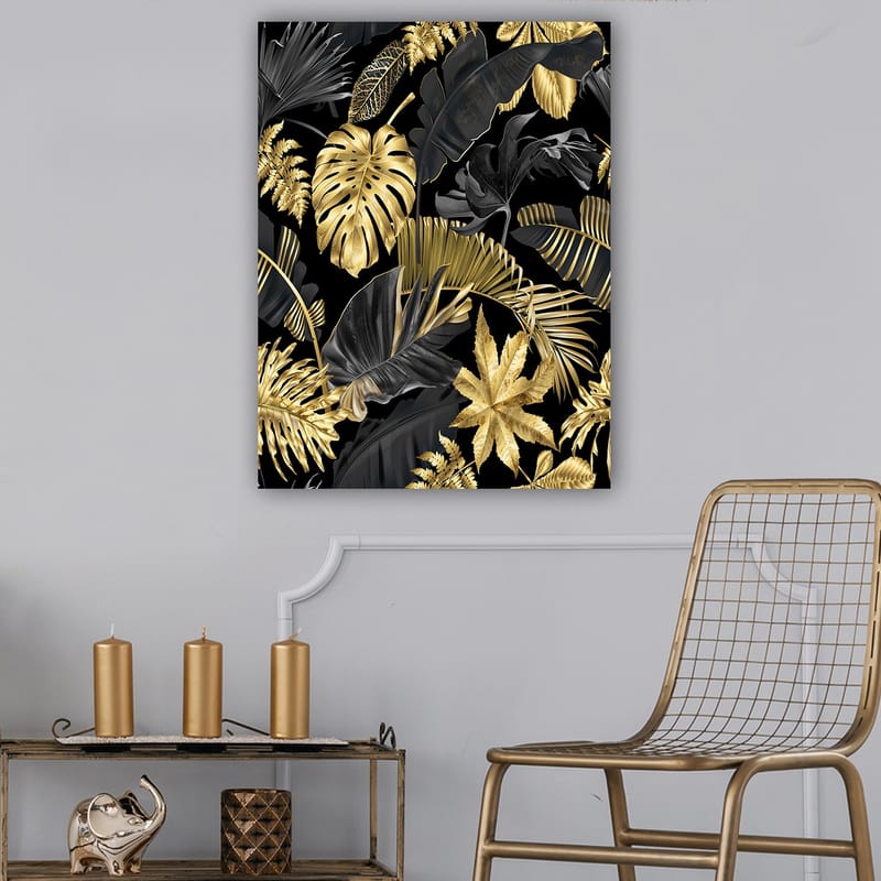 Canvastavla 70x100 cm - Ett stiliserat mönster av tropiska växter i guld och svart - Guld / Svart / Mörkgrön - Inredning - Tavlor & konst - Canvastavlor