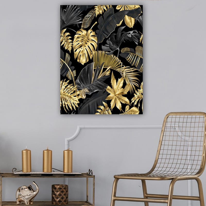 Canvastavla 70x100 cm - Ett stiliserat mönster av tropiska växter i guld och svart - Guld / Svart / Mörkgrön - Inredning - Tavlor & konst - Canvastavlor