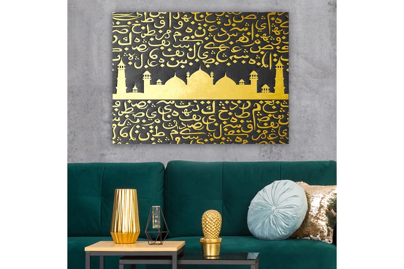 Canvastavla 70x100 cm - Ett stiliserat moskémotiv med arabisk skrift i guld mot en svart bakgrund - Guld / Svart - Inredning - Tavlor & konst - Canvastavlor