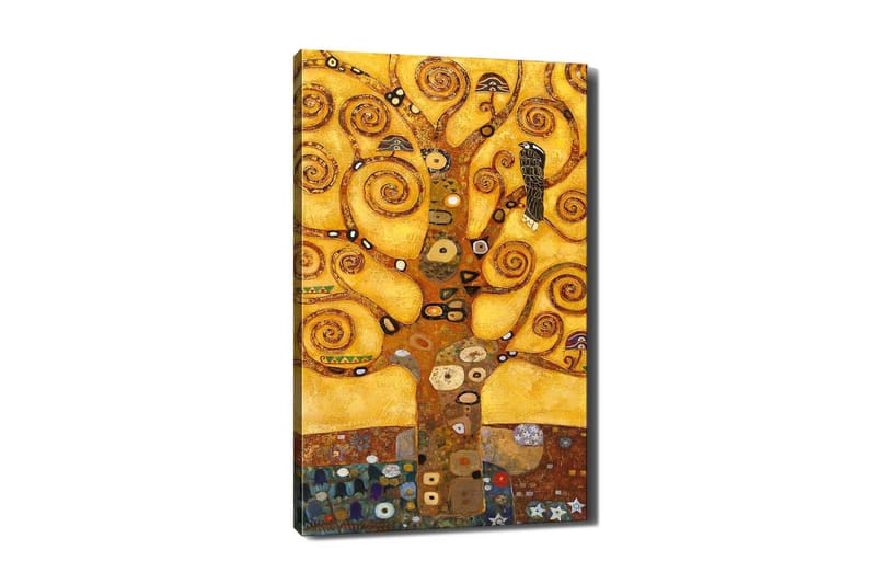 Canvastavla 70x100 cm - Ett stiliserat träd med snurriga grenar och en fågel, mot en gyllene bakgrund, Guld / Brun / Svart