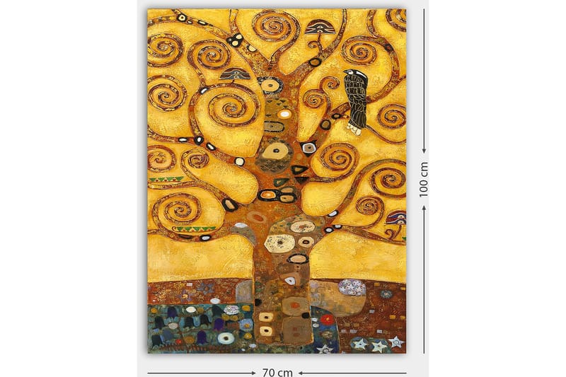 Canvastavla 70x100 cm - Ett stiliserat träd med snurriga grenar och en fågel, mot en gyllene bakgrund - Guld / Brun / Svart - Inredning - Tavlor & konst - Canvastavlor