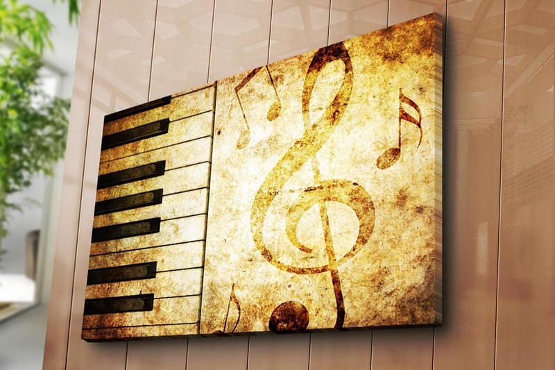 Canvastavla 70x100 cm - Ett stiliserat pianoklaviatur med musiknoter i en vintage-inspirerad design - Guld / Brunt / Svart - Inredning - Tavlor & konst - Canvastavlor