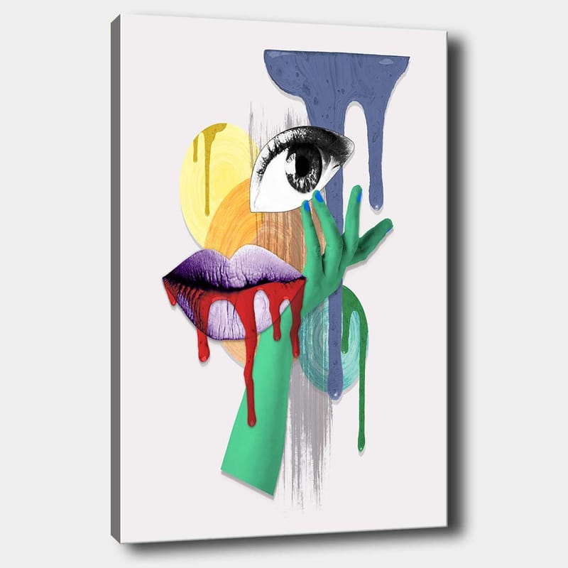 Canvastavla 70x100 cm - Ett surrealistiskt porträtt med en öga, läppar och en hand i livfulla färger - Grön / Lila / Röd - Inredning - Tavlor & konst - Canvastavlor