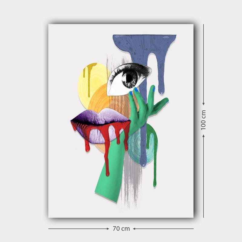 Canvastavla 70x100 cm - Ett surrealistiskt porträtt med en öga, läppar och en hand i livfulla färger - Grön / Lila / Röd - Inredning - Tavlor & konst - Canvastavlor