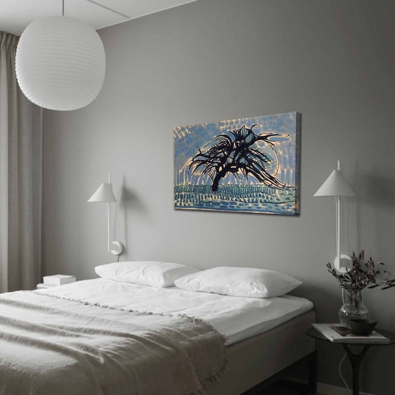 Canvastavla 70x100 cm - Ett vindpinat träd mot en blå himmel - Blå / Svart / Beige - Inredning - Tavlor & konst - Canvastavlor