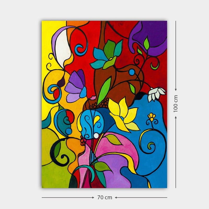 Canvastavla 70x100 cm - Färgglad abstrakt komposition med blommor och snirklar som skapar en livfull atmosfär - Röd / Blå / Gul - Inredning - Tavlor & konst - Canvastavlor