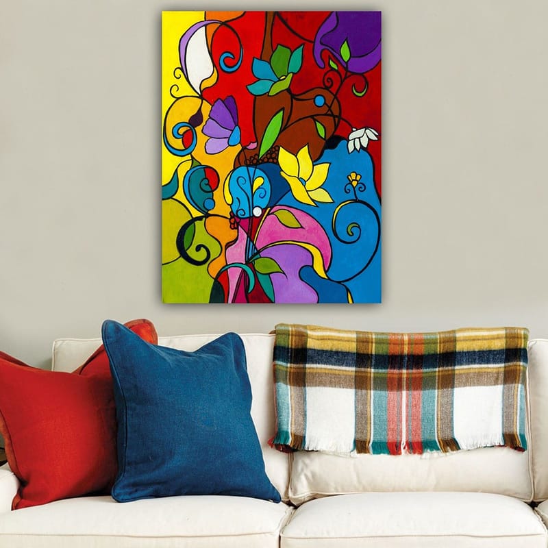Canvastavla 70x100 cm - Färgglad abstrakt komposition med blommor och snirklar som skapar en livfull atmosfär - Röd / Blå / Gul - Inredning - Tavlor & konst - Canvastavlor