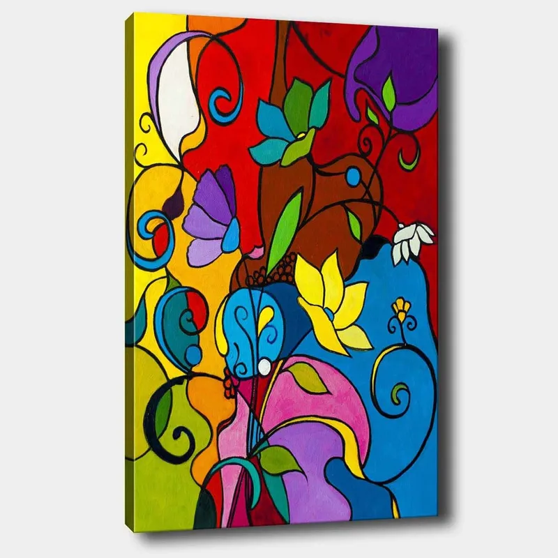 Canvastavla 70x100 cm - Färgglad abstrakt komposition med blommor och snirklar som skapar en livfull atmosfär, Röd / Blå / Gul