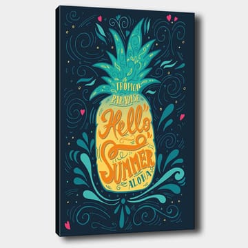 Canvastavla 70x100 cm - Färgglad ananas med texten Hello Summer som framhäver en tropisk känsla - Grön / Gul / Blå - Inredning - Tavlor & konst - Canvastavlor