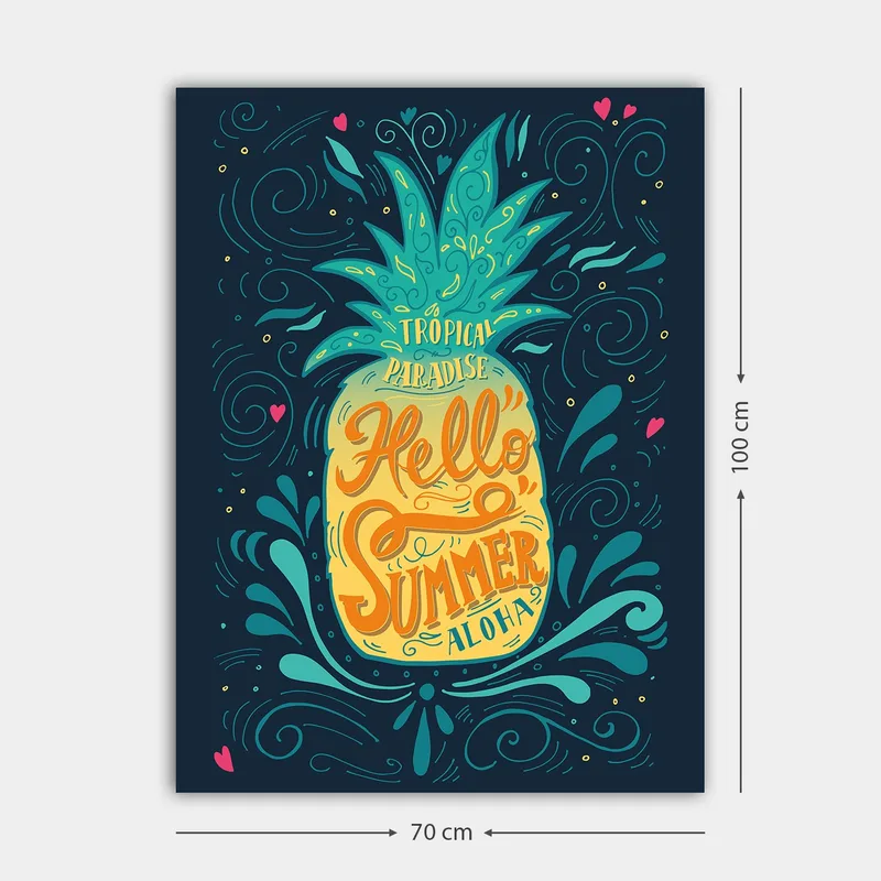 Canvastavla 70x100 cm - Färgglad ananas med texten Hello Summer som framhäver en tropisk känsla - Grön / Gul / Blå - Inredning - Tavlor & konst - Canvastavlor