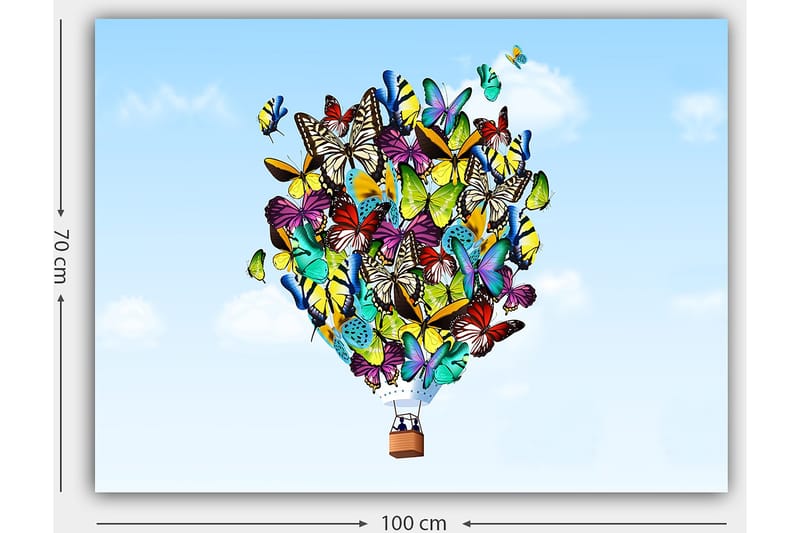 Canvastavla 70x100 cm - Färgglad ballong fylld med olika fjärilar som svävar mot en klar himmel - Grön / Blå / Gul - Inredning - Tavlor & konst - Canvastavlor