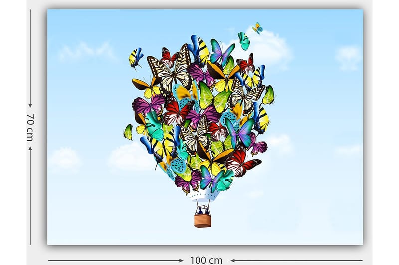 Canvastavla 70x100 cm - Färgglad ballong fylld med olika fjärilar som svävar mot en klar himmel - Grön / Blå / Gul - Inredning - Tavlor & konst - Canvastavlor