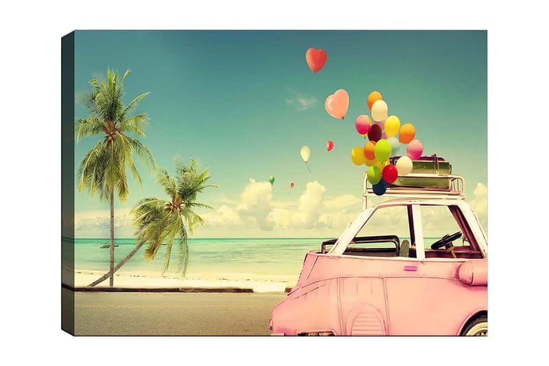 Canvastavla 70x100 cm - Färgglad bil med ballonger på taket, omgiven av palmer och hav, som ger en känsla av sommar och glädje, Rosa / Grönt / Gult
