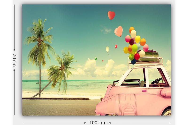 Canvastavla 70x100 cm - Färgglad bil med ballonger på taket, omgiven av palmer och hav, som ger en känsla av sommar och glädje - Rosa / Grönt / Gult - Inredning - Tavlor & konst - Canvastavlor