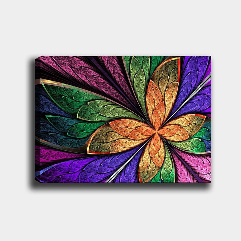 Canvastavla 70x100 cm - Färgglad blomma med detaljerade blad i olika nyanser, Grön / Orange / Lila