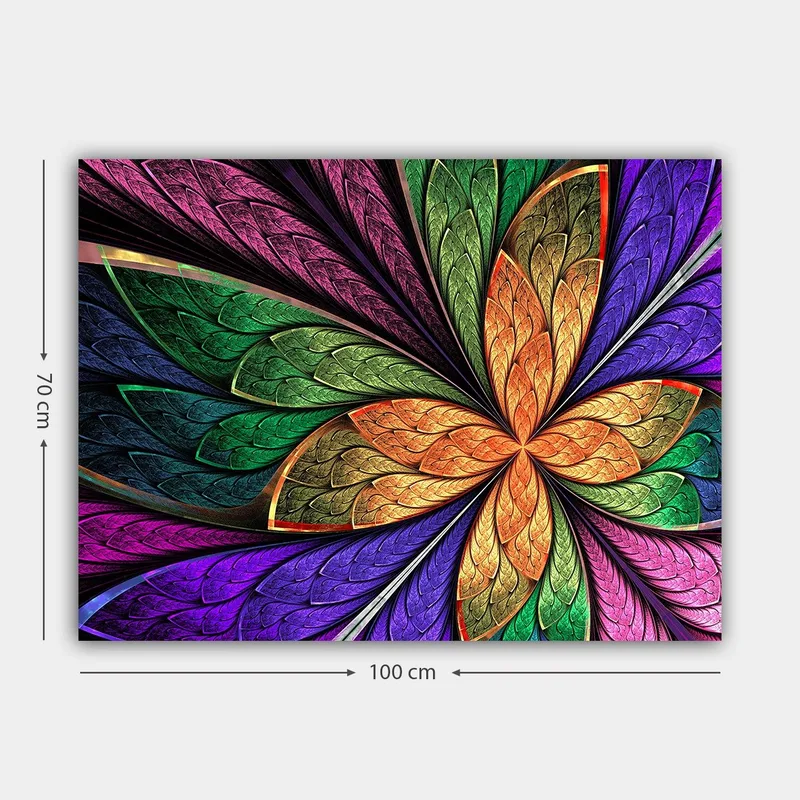 Canvastavla 70x100 cm - Färgglad blomma med detaljerade blad i olika nyanser - Grön / Orange / Lila - Inredning - Tavlor & konst - Canvastavlor