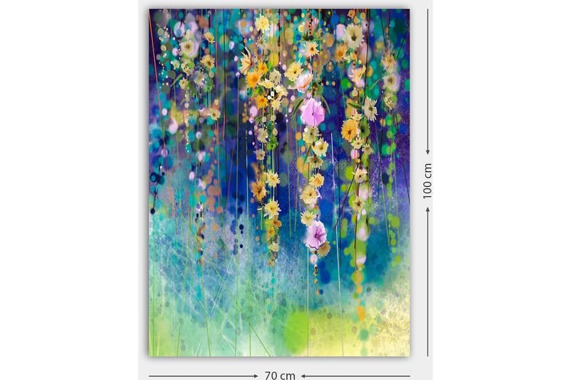 Canvastavla 70x100 cm - Färgglad blomsterkomposition med hängande blommor i olika nyanser - Gult / Lila / Grönt - Inredning - Tavlor & konst - Canvastavlor