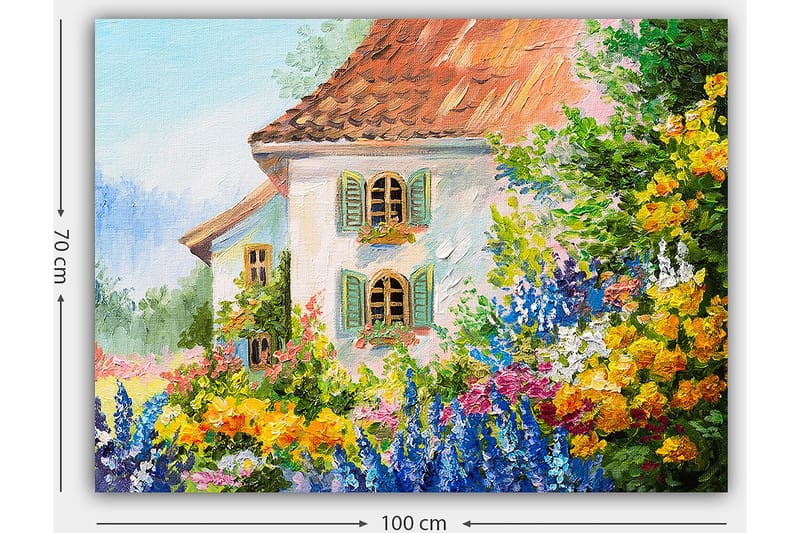 Canvastavla 70x100 cm - Färgglad blomsterträdgård framför ett charmigt hus med fönsterluckor - Gult / Blått / Grönt - Inredning - Tavlor & konst - Canvastavlor