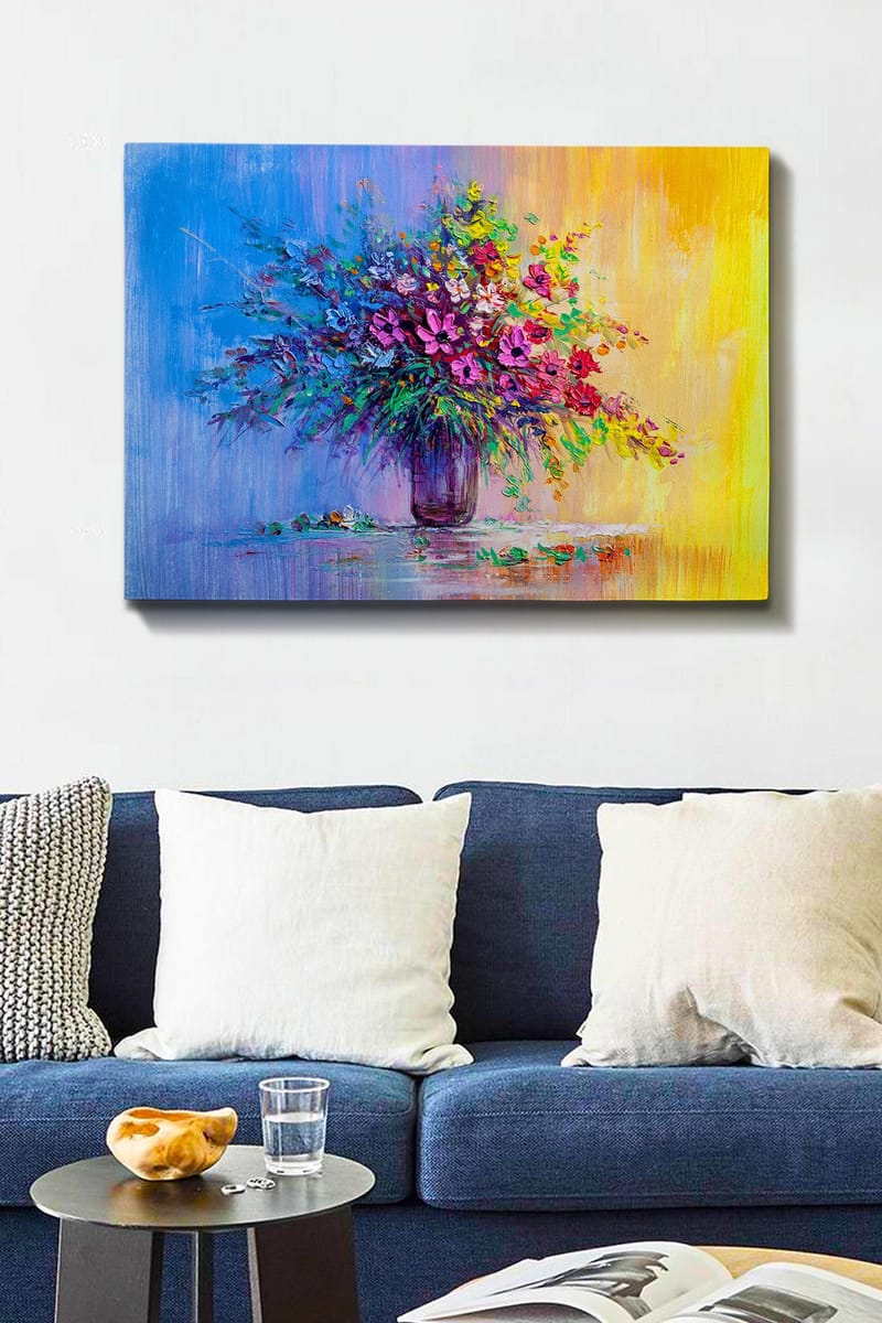Canvastavla 70x100 cm - Färgglad bukett blommor i en vas - Lila / Grön / Gul - Inredning - Tavlor & konst - Canvastavlor