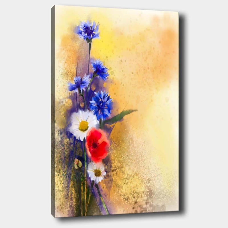 Canvastavla 70x100 cm - Färgglad bukett med bl å och röda blommor mot en mjuk, varm bakgrund - Blå / Röd / Vit - Inredning - Tavlor & konst - Canvastavlor