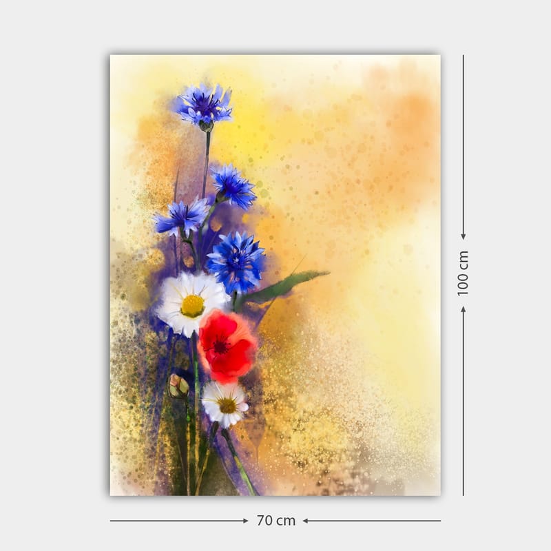 Canvastavla 70x100 cm - Färgglad bukett med blå och röda blommor mot en mjuk, varm bakgrund - Blå / Röd / Vit - Inredning - Tavlor & konst - Canvastavlor
