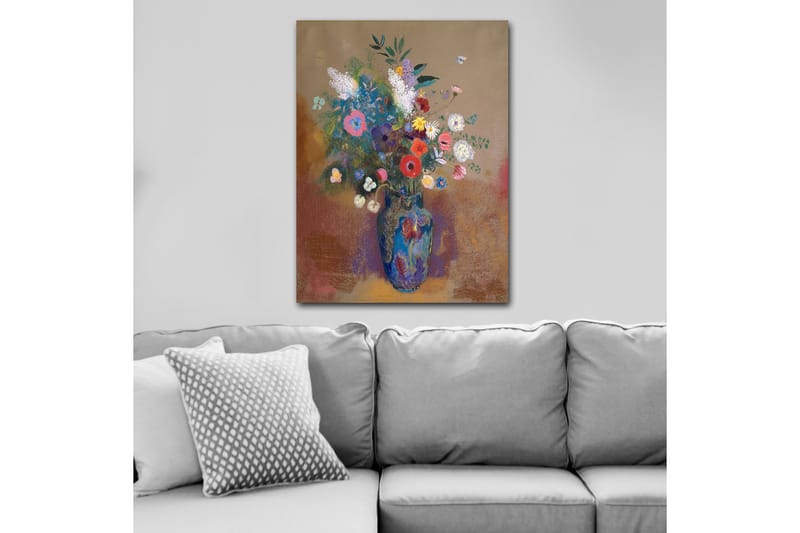 Canvastavla 70x100 cm - Färgglad bukett med blommor i en blå vas, Blå / Rosa / Grön