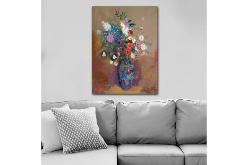 Canvastavla 70x100 cm - Färgglad bukett med blommor i en blå vas, Blå / Rosa / Grön