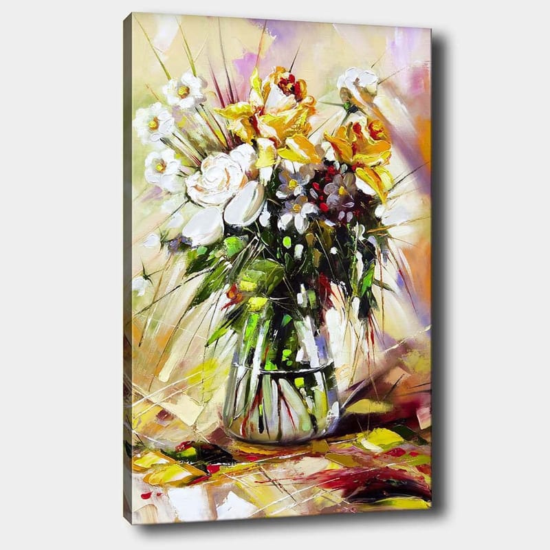 Canvastavla 70x100 cm - Färgglad bukett med blommor i en glasvas, Gult / Vitt / Grönt