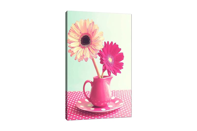 Canvastavla 70x100 cm - Färgglad bukett med blommor i en rosa kanna, Rosa / Gul / Grön