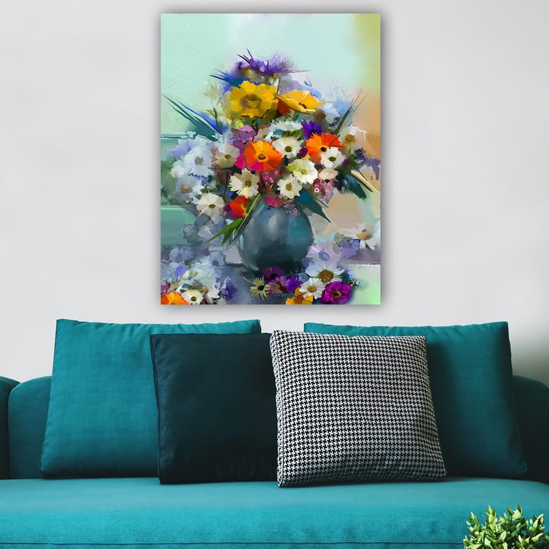 Canvastavla 70x100 cm - Färgglad bukett med blommor i en vas - Gul / Orange / Lila - Inredning - Tavlor & konst - Canvastavlor