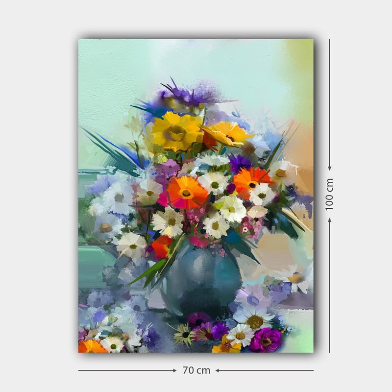 Canvastavla 70x100 cm - Färgglad bukett med blommor i en vas - Gul / Orange / Lila - Inredning - Tavlor & konst - Canvastavlor