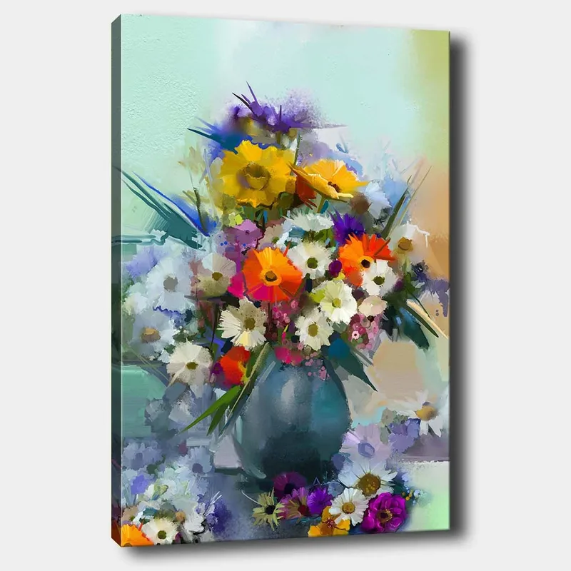 Canvastavla 70x100 cm - Färgglad bukett med blommor i en vas, Gul / Orange / Lila