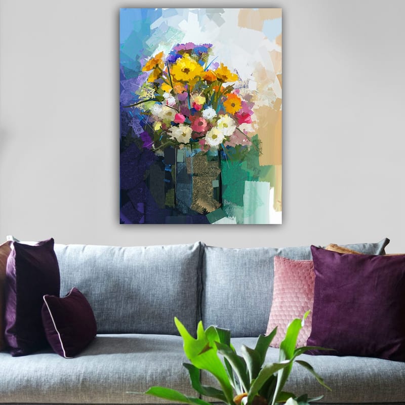 Canvastavla 70x100 cm - Färgglad bukett med blommor i en vas - Gul / Rosa / Vit - Inredning - Tavlor & konst - Canvastavlor