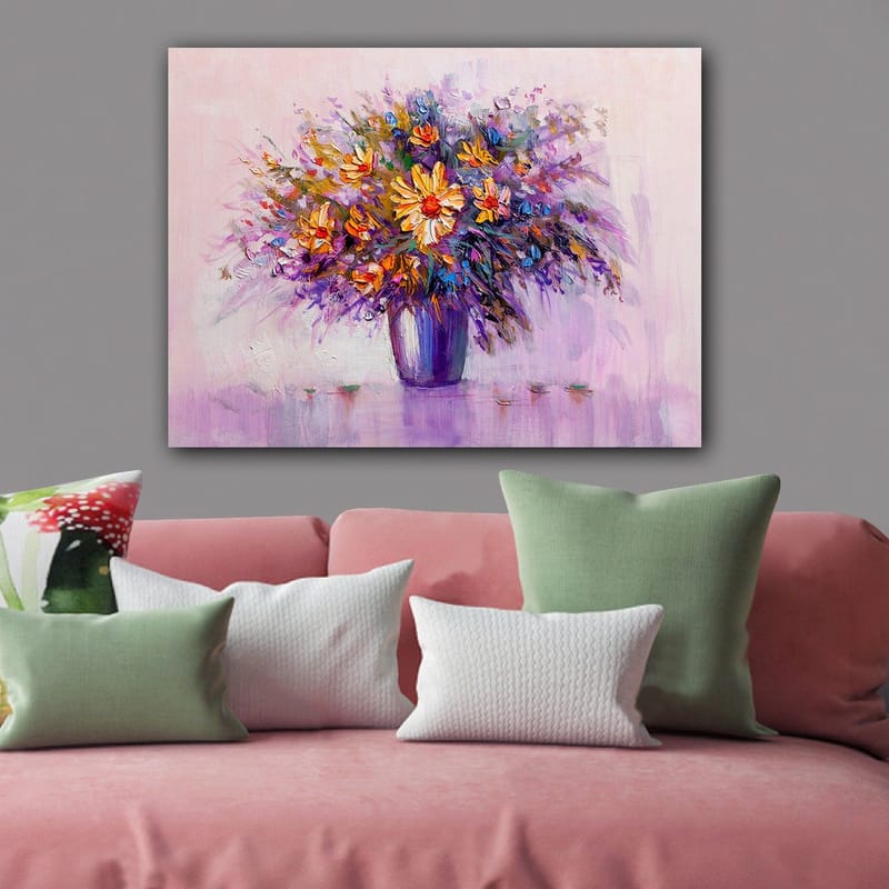 Canvastavla 70x100 cm - Färgglad bukett med blommor i en vas - Lila / Orange / Gul - Inredning - Tavlor & konst - Canvastavlor