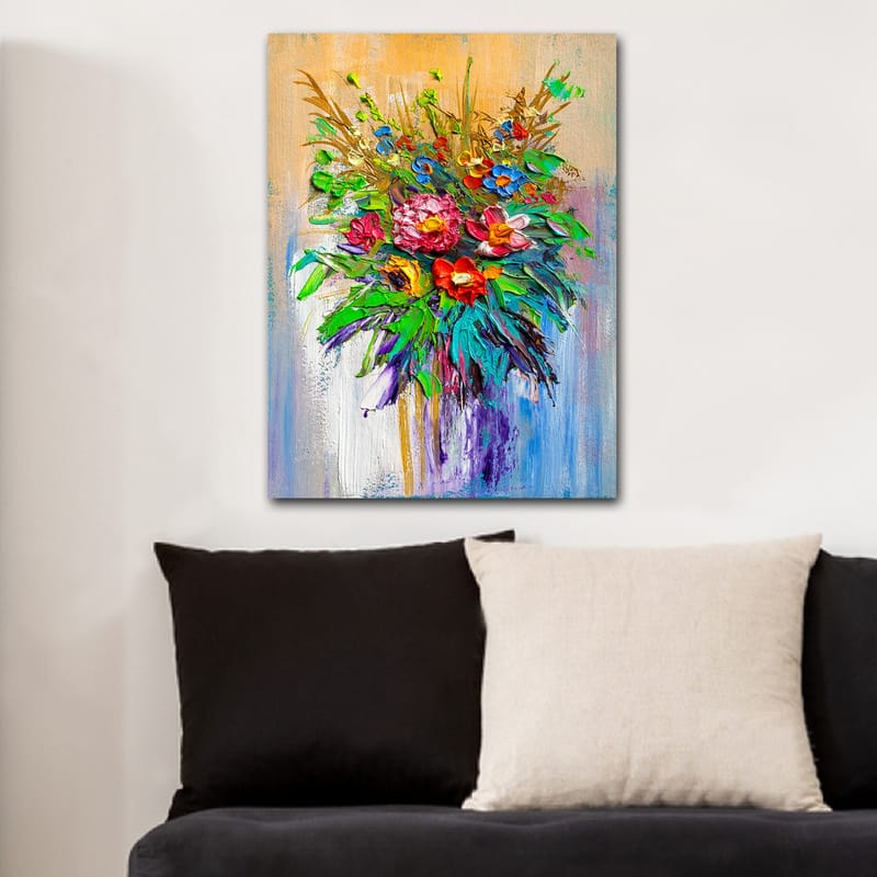 Canvastavla 70x100 cm - Färgglad bukett med blommor i olika former och nyanser - Grön / Röd / Lila - Inredning - Tavlor & konst - Canvastavlor