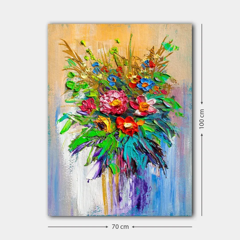 Canvastavla 70x100 cm - Färgglad bukett med blommor i olika former och nyanser - Grön / Röd / Lila - Inredning - Tavlor & konst - Canvastavlor