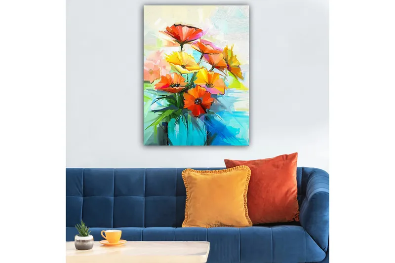 Canvastavla 70x100 cm - Färgglad bukett med blommor i olika nyanser av orange och gult - Orange / Gult / Grönt - Inredning - Tavlor & konst - Canvastavlor