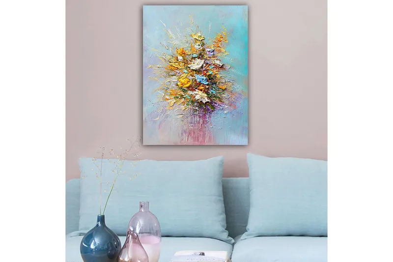 Canvastavla 70x100 cm - Färgglad bukett med blommor i olika nyanser - Gult / Orange / Blått - Inredning - Tavlor & konst - Canvastavlor
