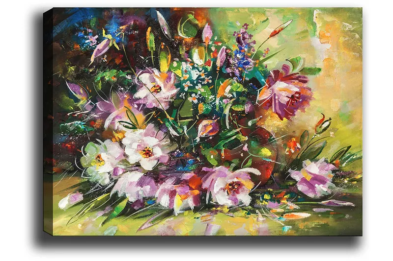 Canvastavla 70x100 cm - Färgglad bukett med blommor i olika nyanser - Lila / Grön / Rosa - Inredning - Tavlor & konst - Canvastavlor
