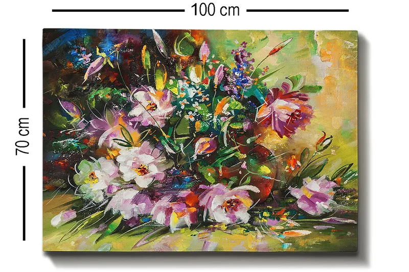 Canvastavla 70x100 cm - Färgglad bukett med blommor i olika nyanser - Lila / Grön / Rosa - Inredning - Tavlor & konst - Canvastavlor