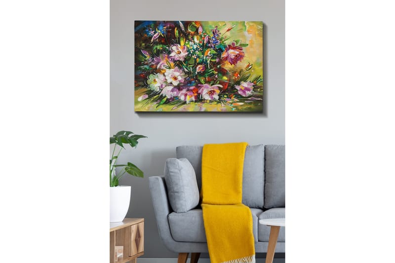 Canvastavla 70x100 cm - Färgglad bukett med blommor i olika nyanser, Lila / Grön / Rosa