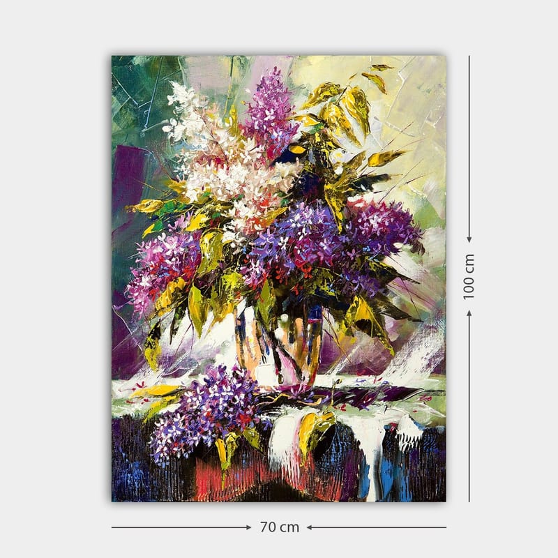 Canvastavla 70x100 cm - Färgglad bukett med liljor och gröna blad i en vas - Lila / Grön / Vit - Inredning - Tavlor & konst - Canvastavlor