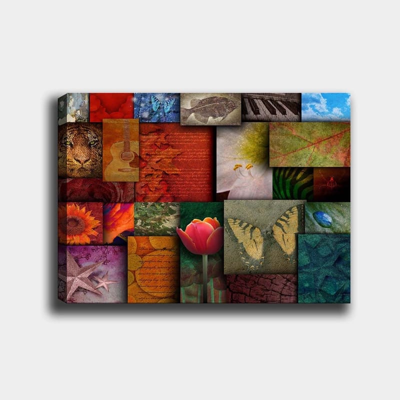 Canvastavla 70x100 cm - Färgglad collage av olika motiv inklusive blommor, djur och abstrakta mönster - Röd / Orange / Grön - Inredning - Tavlor & konst - Canvastavlor