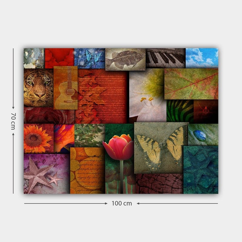 Canvastavla 70x100 cm - Färgglad collage av olika motiv inklusive blommor, djur och abstrakta mönster - Röd / Orange / Grön - Inredning - Tavlor & konst - Canvastavlor