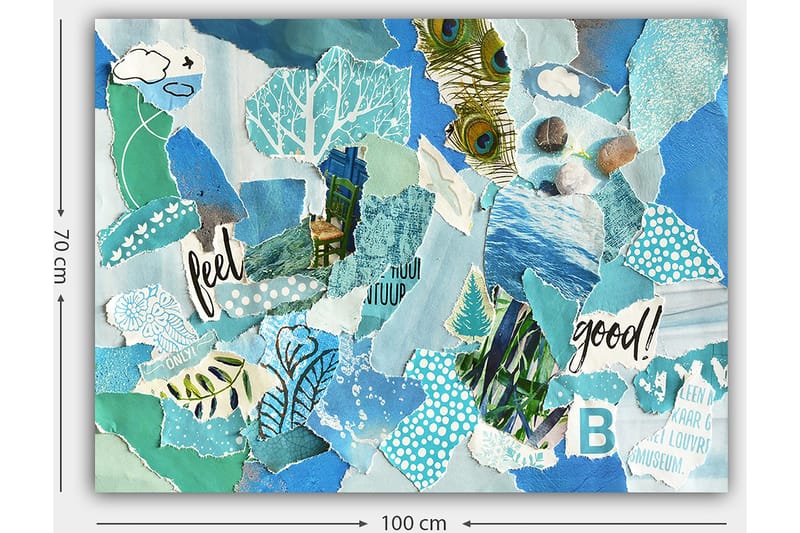 Canvastavla 70x100 cm - Färgglad collage med inslag av natur och positiva budskap - Blå / Grön / Turkos - Inredning - Tavlor & konst - Canvastavlor