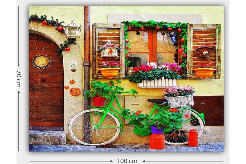 Canvastavla 70x100 cm - Färgglad cykel prydd med blommor och krukor framför en charmig vägg med fönster och dekorationer - Grön / Rosa / Orange - Inredning - Tavlor & konst - Canvastavlor