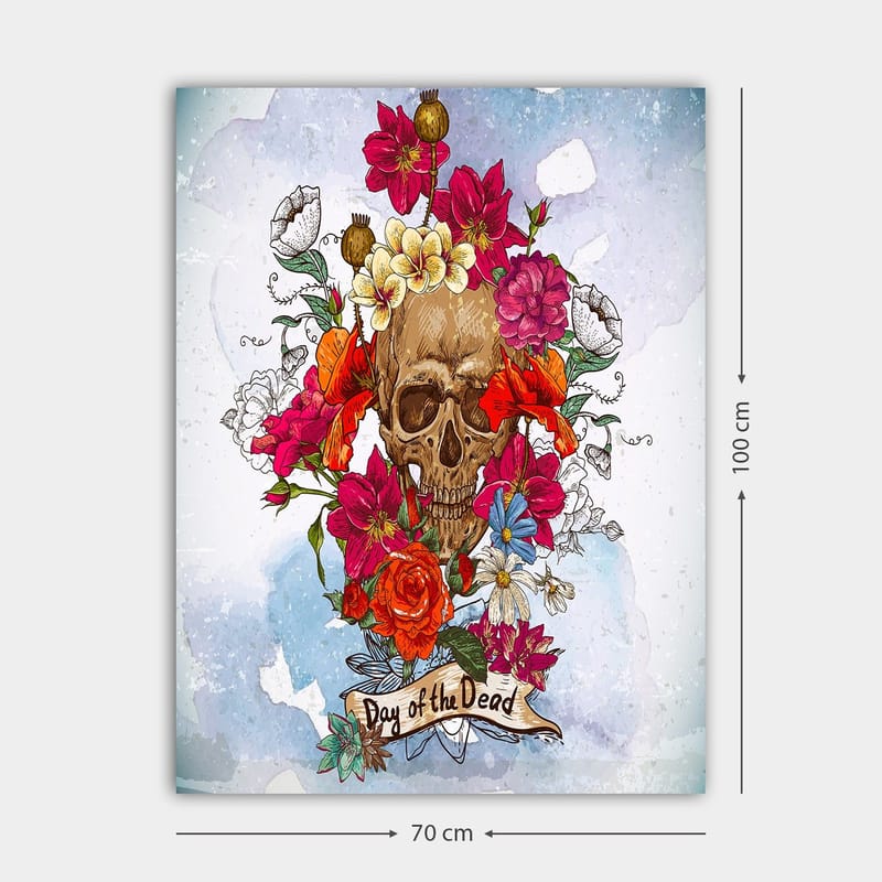 Canvastavla 70x100 cm - Färgglad dödskalle omgiven av blommor, symboliserande Día de los Muertos - Röd / Rosa / Gul - Inredning - Tavlor & konst - Canvastavlor