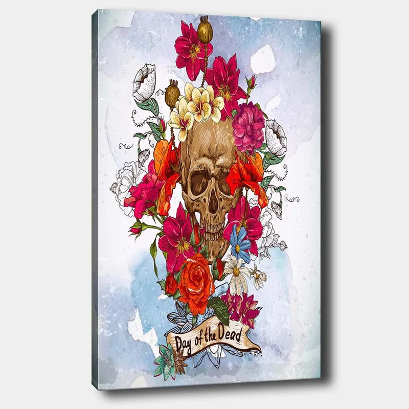 Canvastavla 70x100 cm - Färgglad dödskalle omgiven av blommor, symboliserande Día de los Muertos, Röd / Rosa / Gul