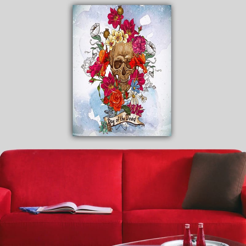 Canvastavla 70x100 cm - Färgglad dödskalle omgiven av blommor, symboliserande Día de los Muertos - Röd / Rosa / Gul - Inredning - Tavlor & konst - Canvastavlor